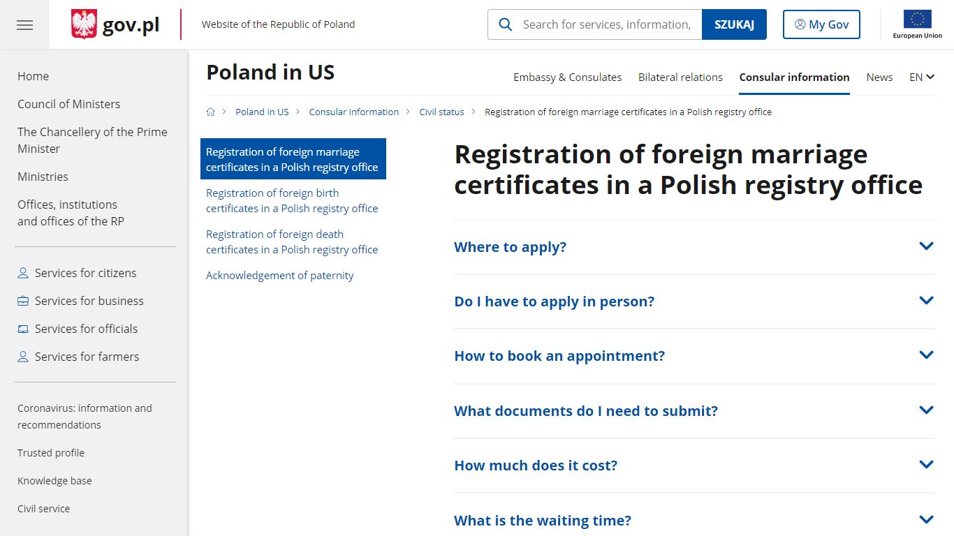 Registration of foreign marriage certificates in a Polish registry ...